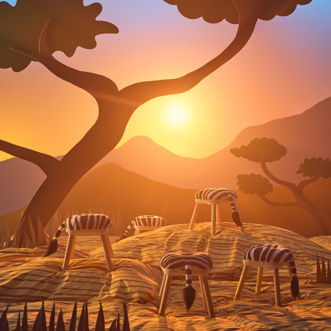 Several different kids stool with zebra covers, all displayed with a backdrop inspired by the African Savannah.