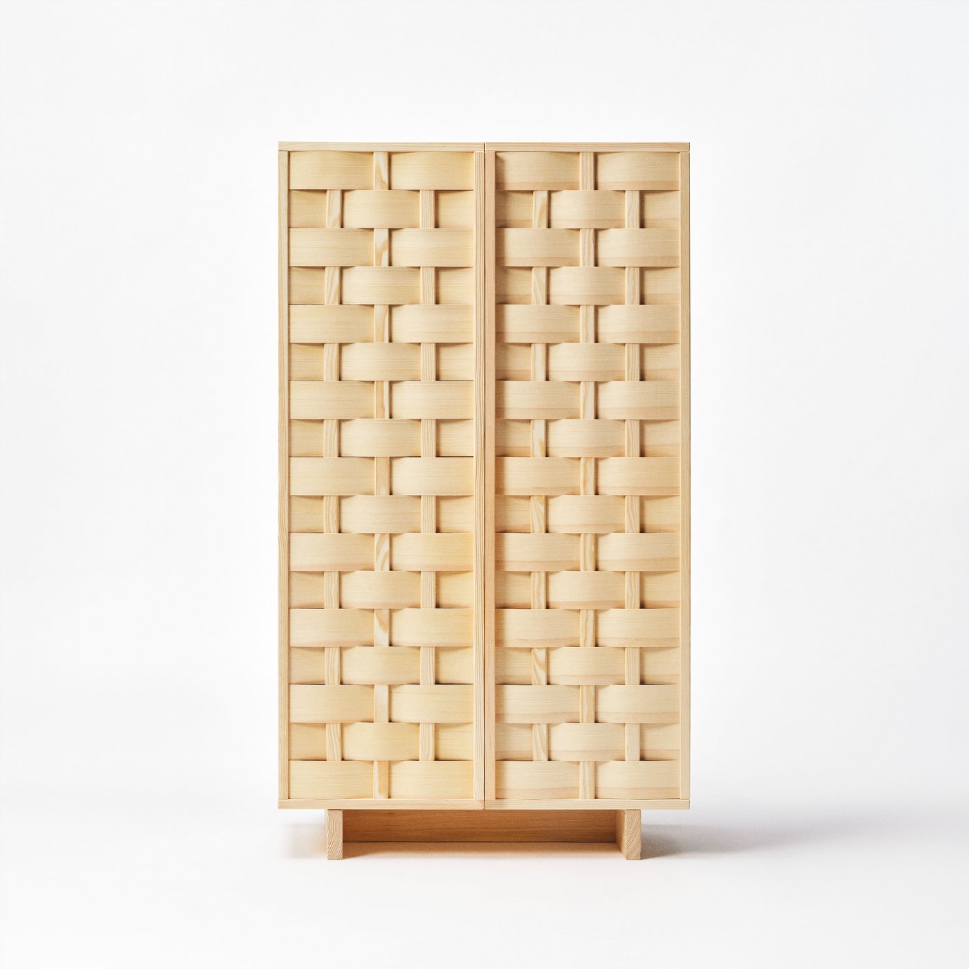 A large solid wood cabinet with woven wood doors standing against a neutral white background.
