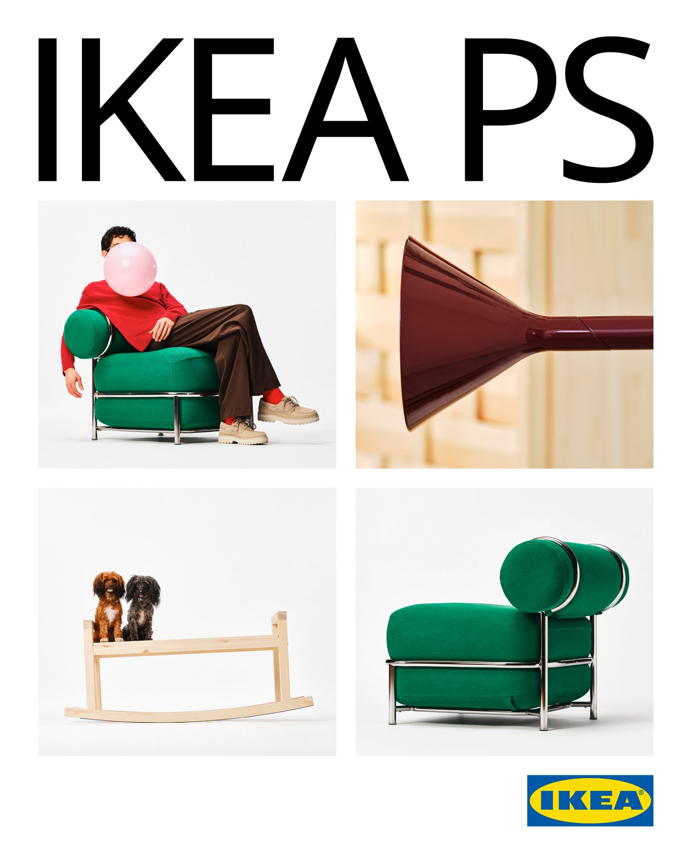  IKEA PS 2026 campaign collage showing a green upholstered air-filled lounge chair, a burgundy cone-shaped lamp, and a pine rocking bench.
