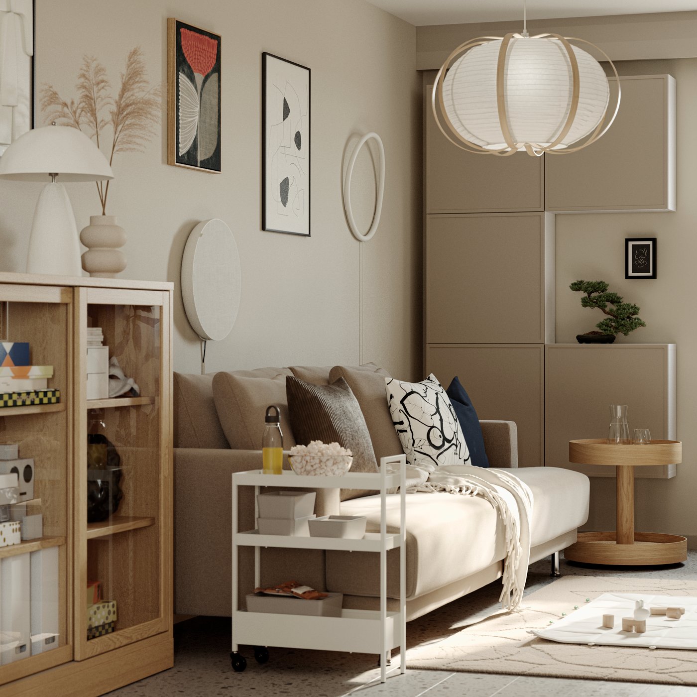 A white trolley beside an UPPÅKRA 3-seat modular sofa in a beige living room.