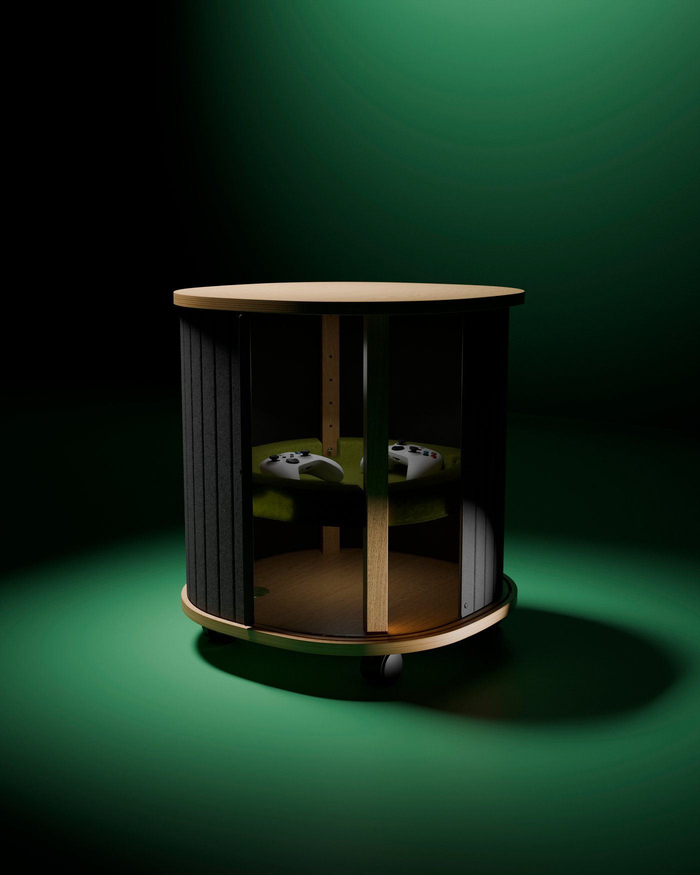 The YXSTABY side table on a green background with dramatic dark lighting.