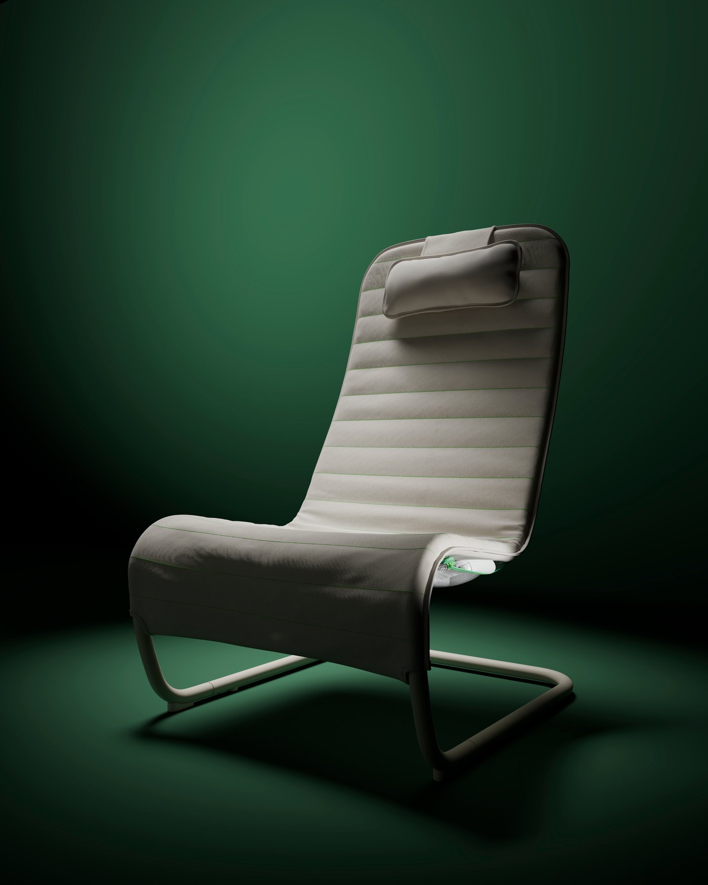 A light grey gaming lounge chair with headrest and tubular metal frame.
