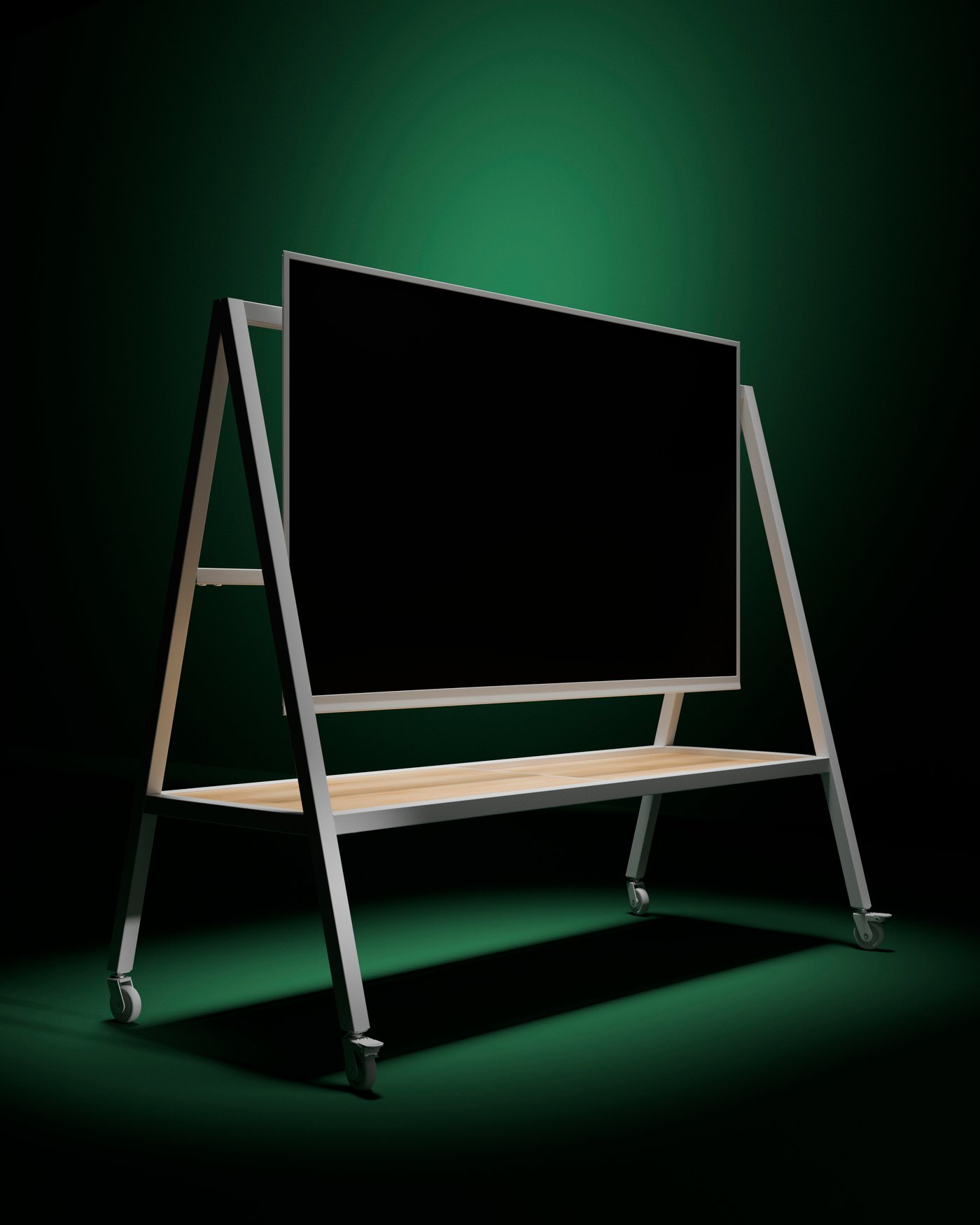 A mobile TV stand with shelf and large screen mounted in an A-frame structure on castors.