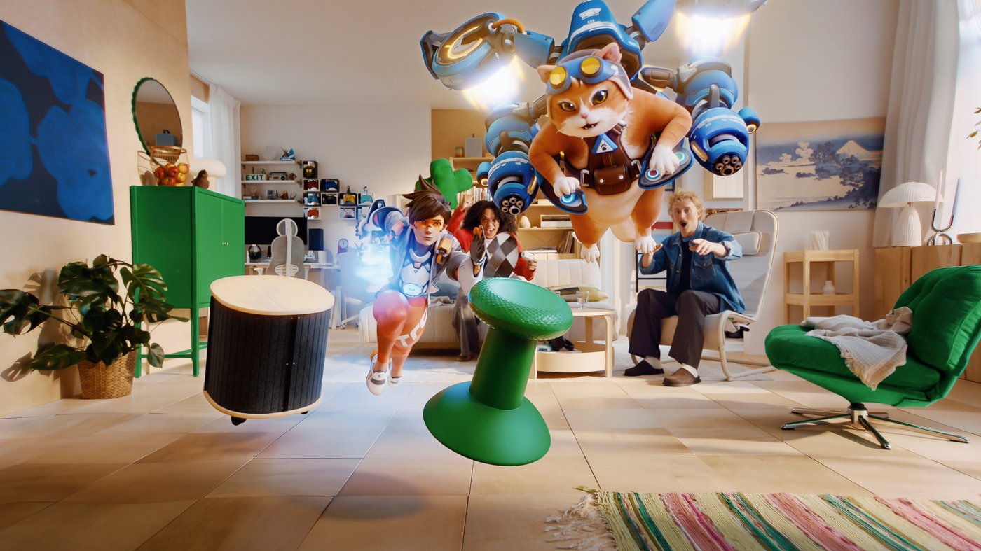 A living room with YXSTABY furniture and accessories alongside Xbox game characters appearing in the space.