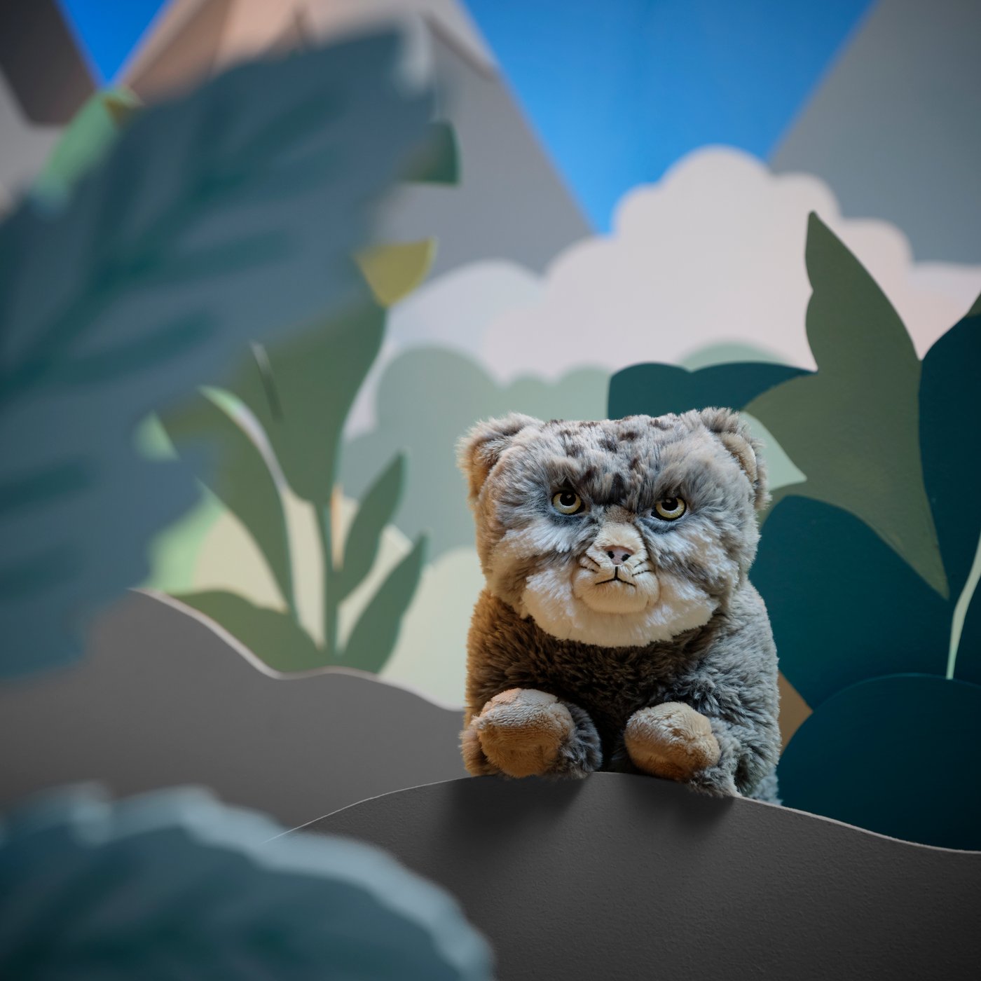 A soft toy Pallas's cat peeping out from behind a cardboard cut-out in a Himalayan landscape.
