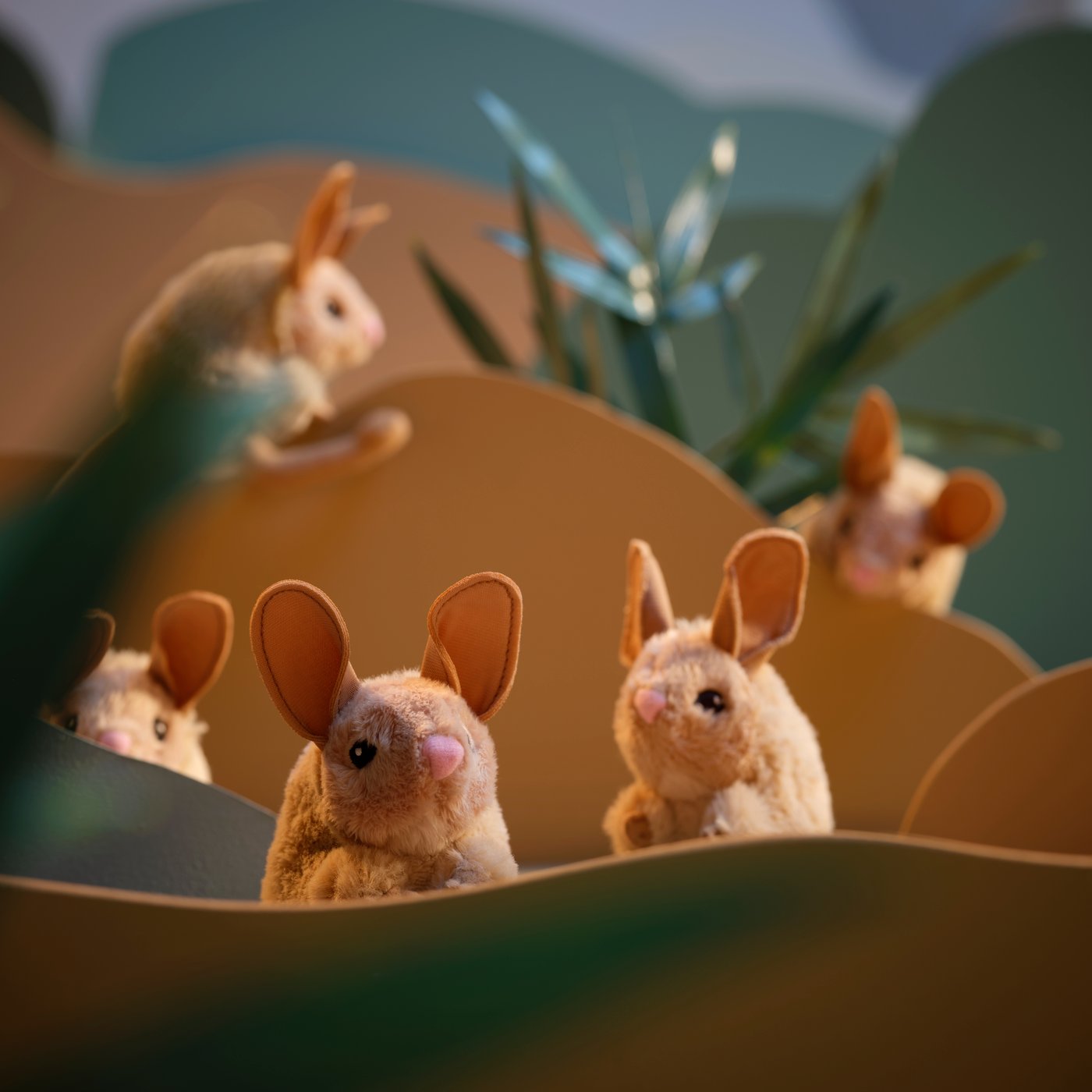 A herd of long-eared jerboa's in a Himalayan desert setting made from cardboard cut-outs.