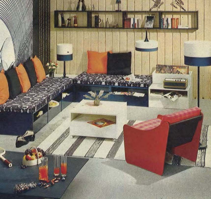 A page from the 1968 IKEA catalogue showing a living room with a white POP unit in the middle and a red chair.