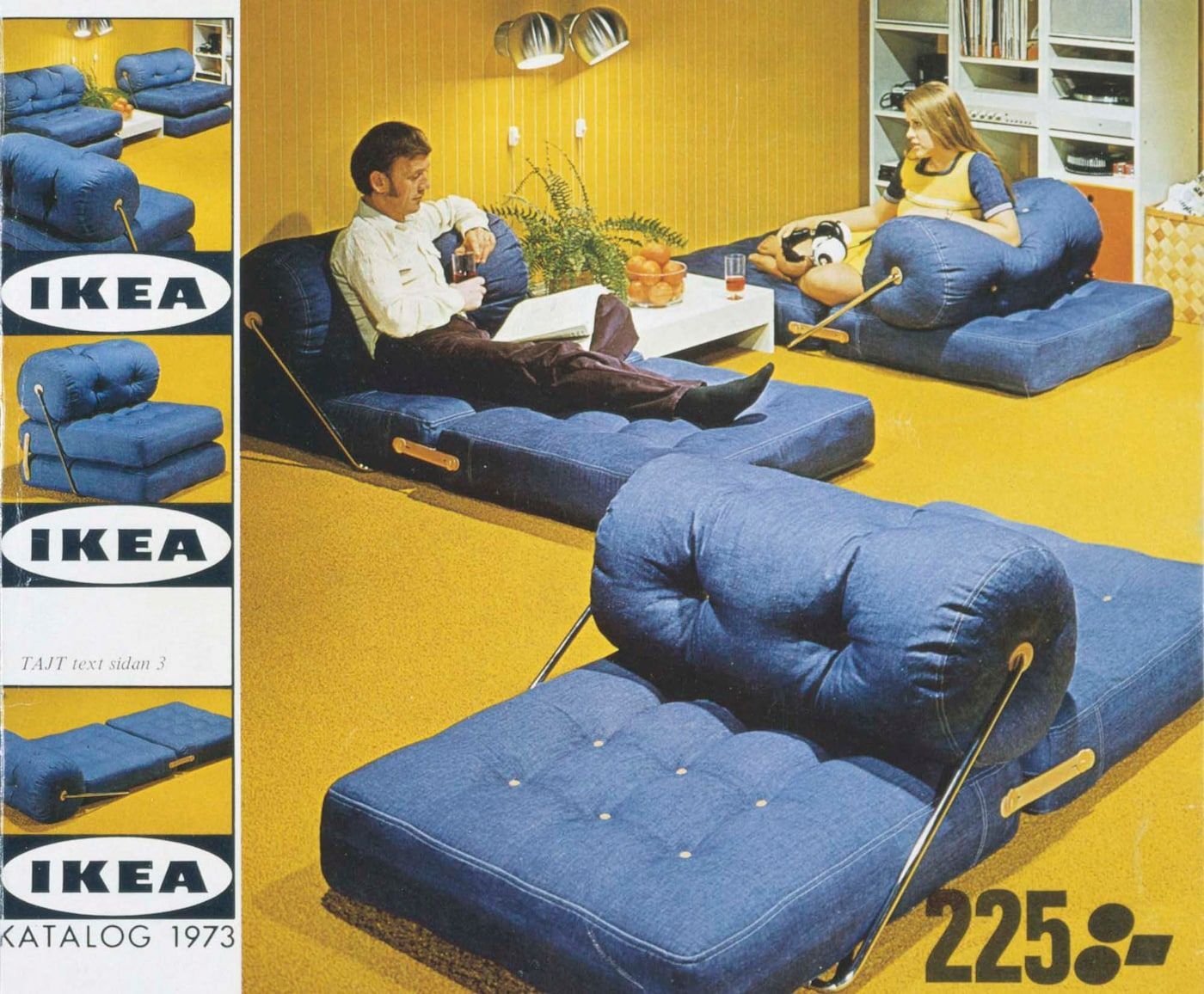 Two people sitting on denim TAJT loungers on the cover of the 1973 IKEA catalogue