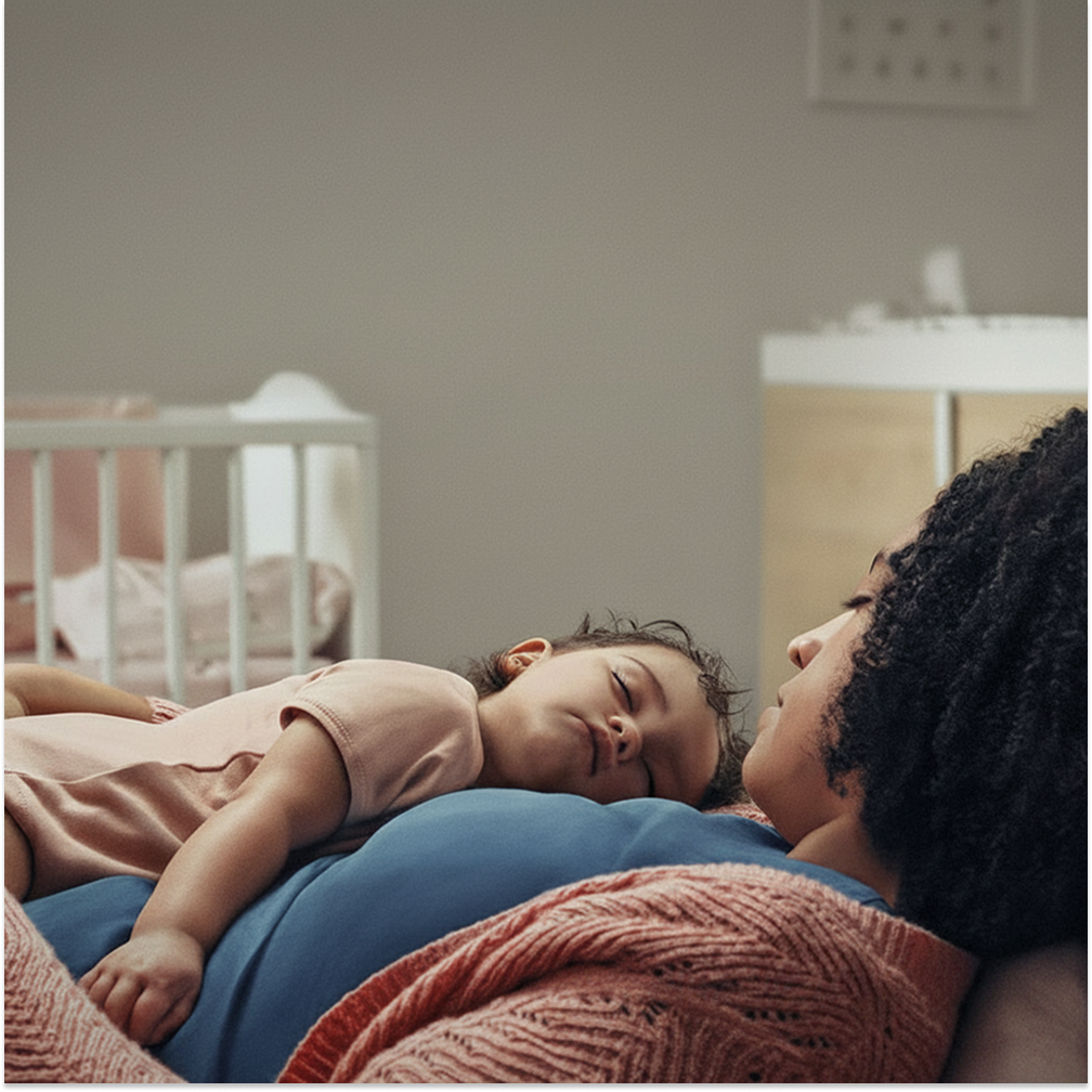 A small child sleeps on their mother's chest with an empty cot visible in the background.