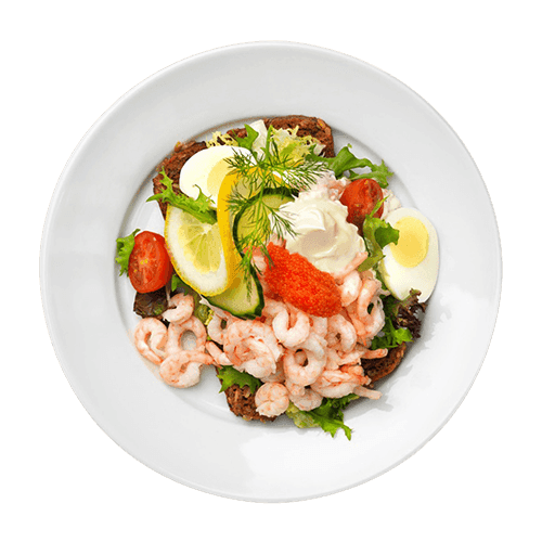 An open-faced shrimp sandwich.