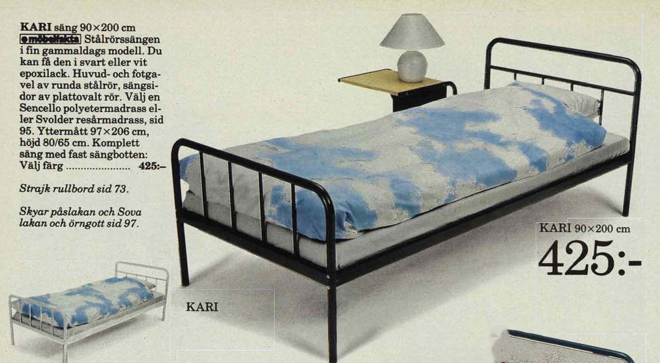 A vintage image from the 1981 IKEA catalogue of a SKYAR cloud duvet cover on a black metal frame bed.