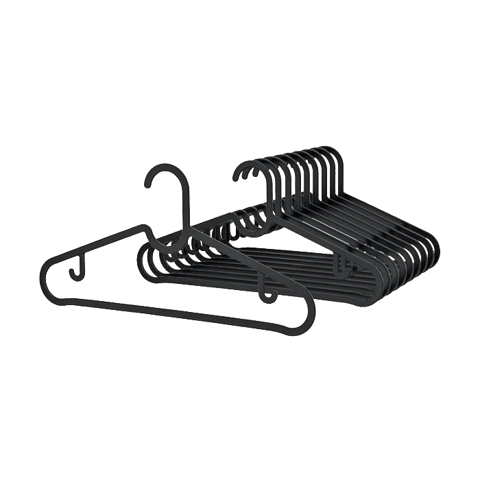 A group of black SPRUTTIG clothes hangers.