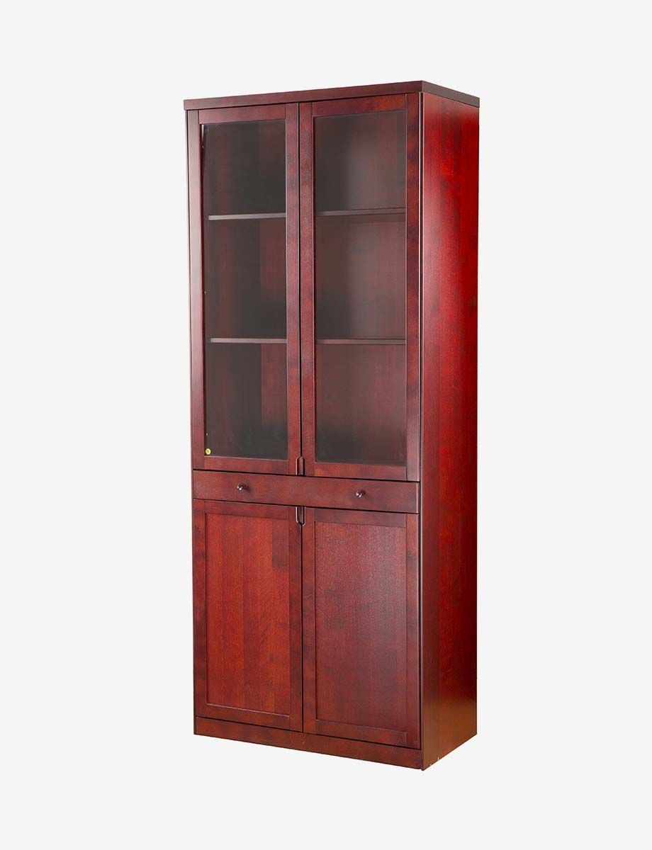 Red stained wood cabinet with glass front doors above and wood doors below