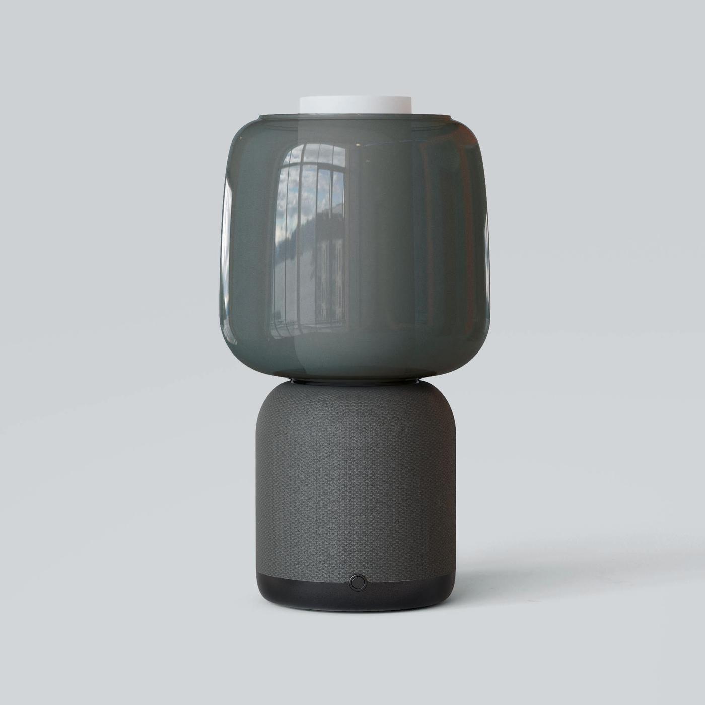 A black SYMFONISK lamp with a speaker base and glass shade section.
