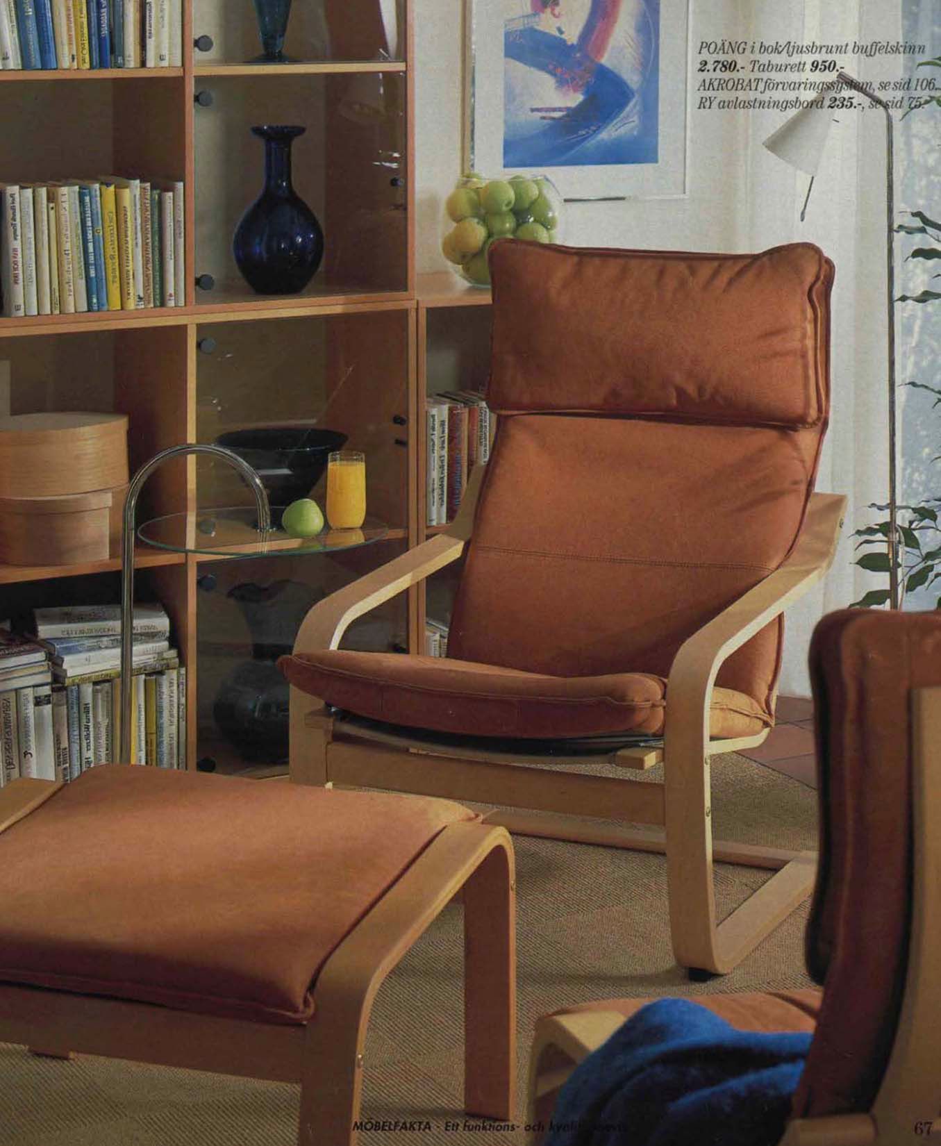 An image from the 1993 IKEA catalogue showing the POEM chair, now known as POÄNG, in wood with an orange fabric cover. It is next to a bookshelf full of books.