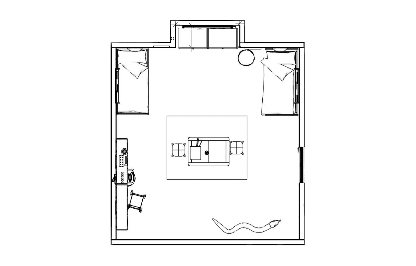 A black and white sketch of the layout of the toddler room.