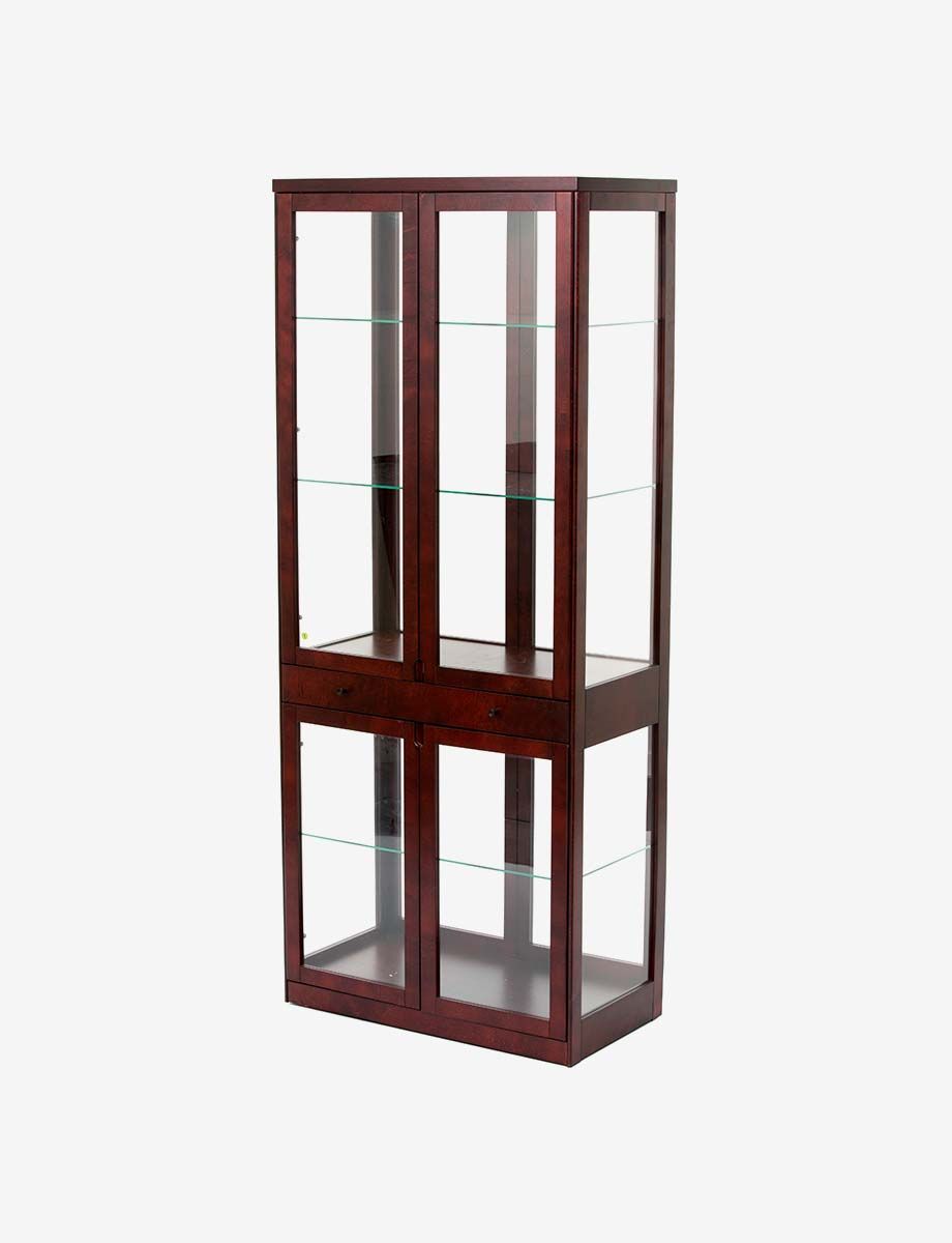 Glass cabinet in red stained wood with wood and glass shelves