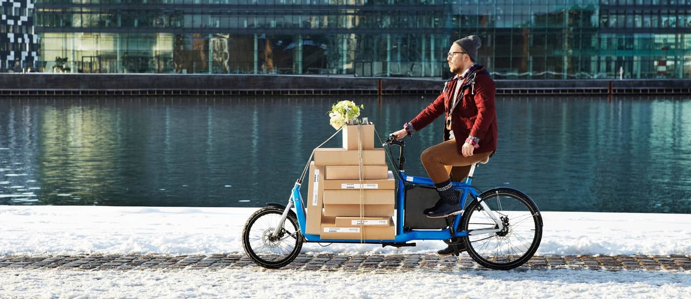 A man riding a cargo bike alongside a canal. The bike is loaded with cardboard packaging boxes from IKEA.