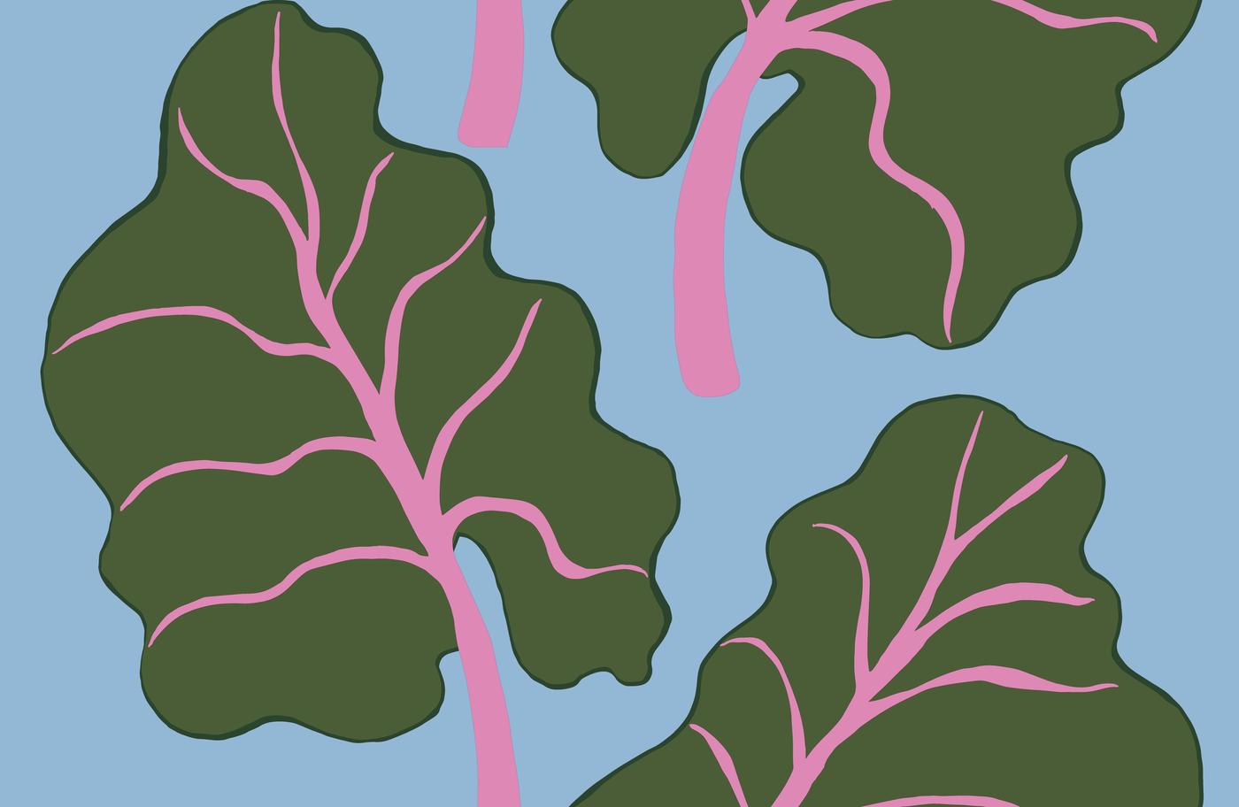 A pattern with rhubarb leafs on a light blue background.