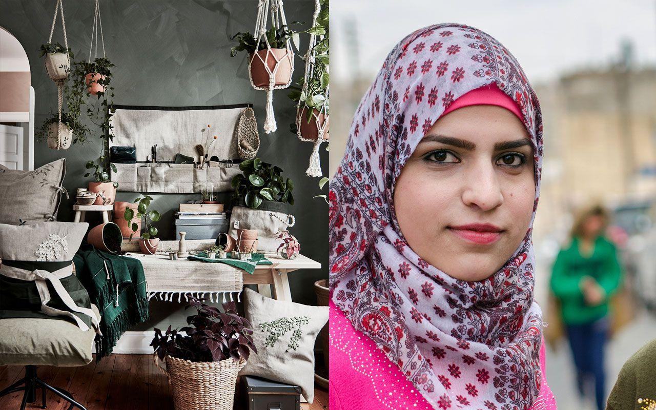 A double-visual collage with the BOTANISK collection of plant pot hangers and textiles, and an artisan with colourful clothes.