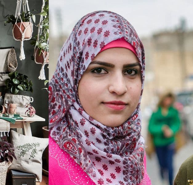 A double-visual collage with the BOTANISK collection of plant pot hangers and textiles, and an artisan with colourful clothes.