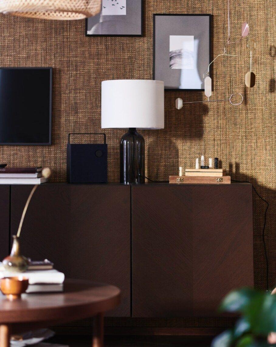 A TV bench in dark-stained wood.