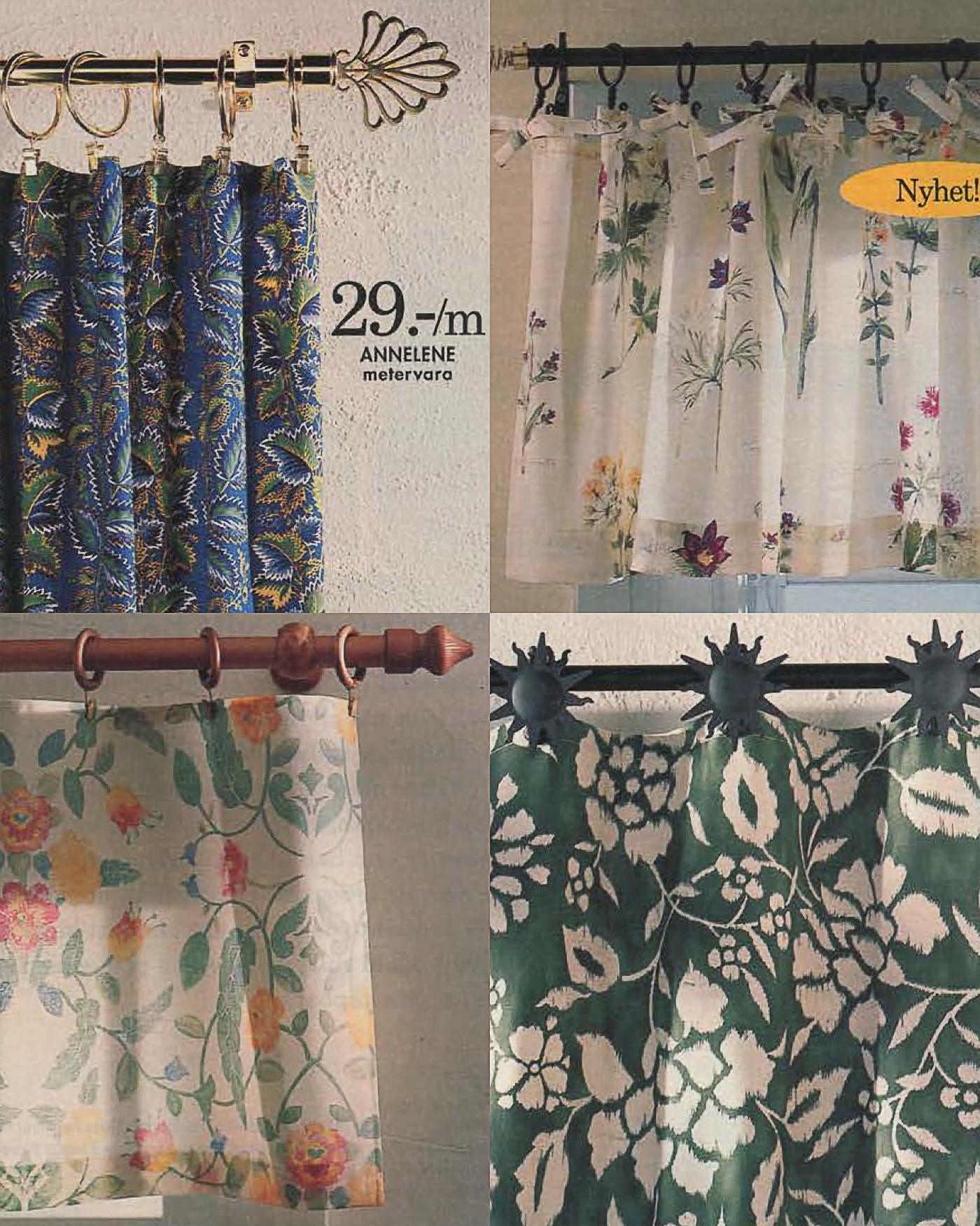 A page from the 1996 IKEA catalogue with four images of curtain poles with different hooks, rings and finials.