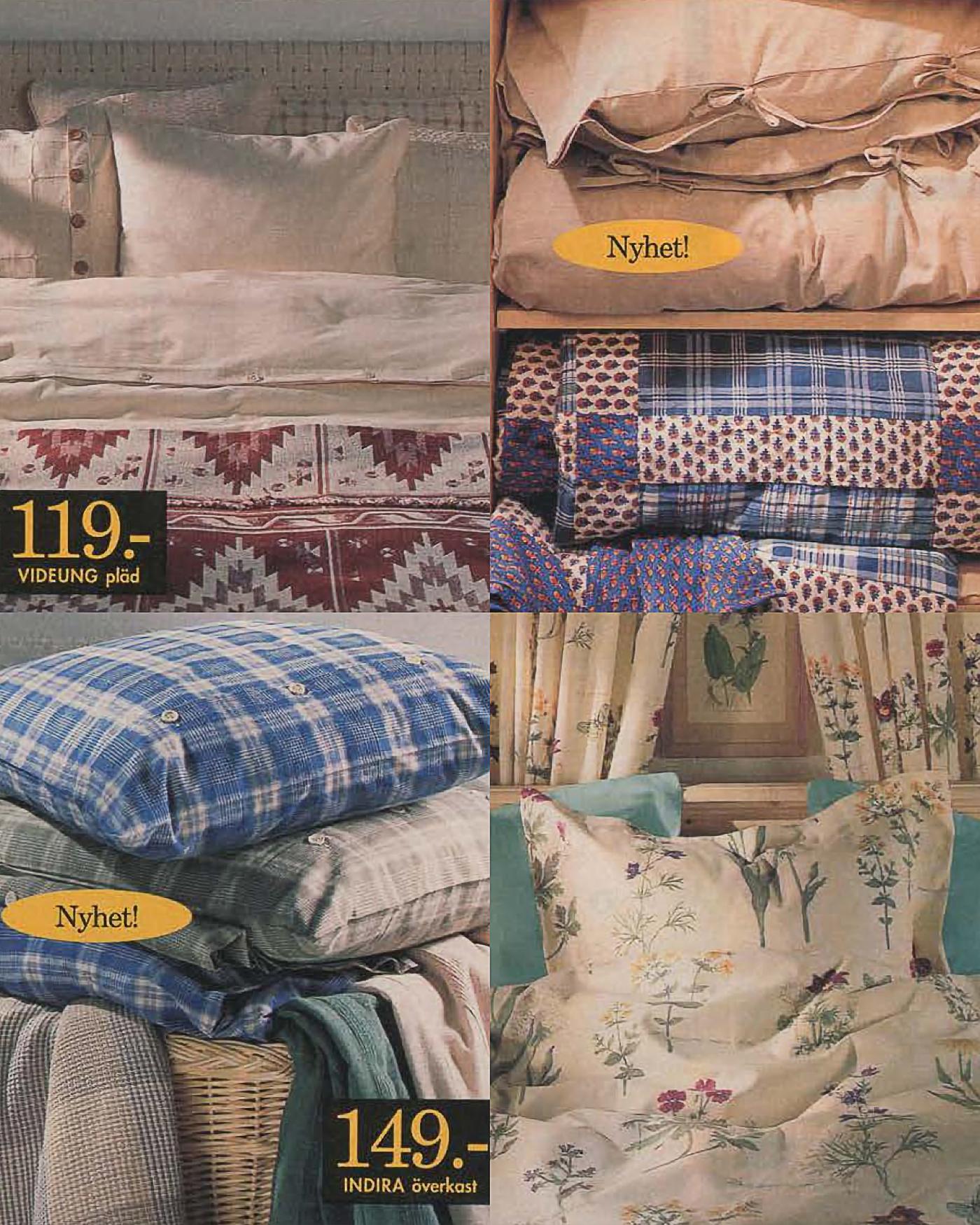 A page from the 1996 IKEA Catalogue featuring bedlinen in different patterns, including checks and quilt designs, from 1996.