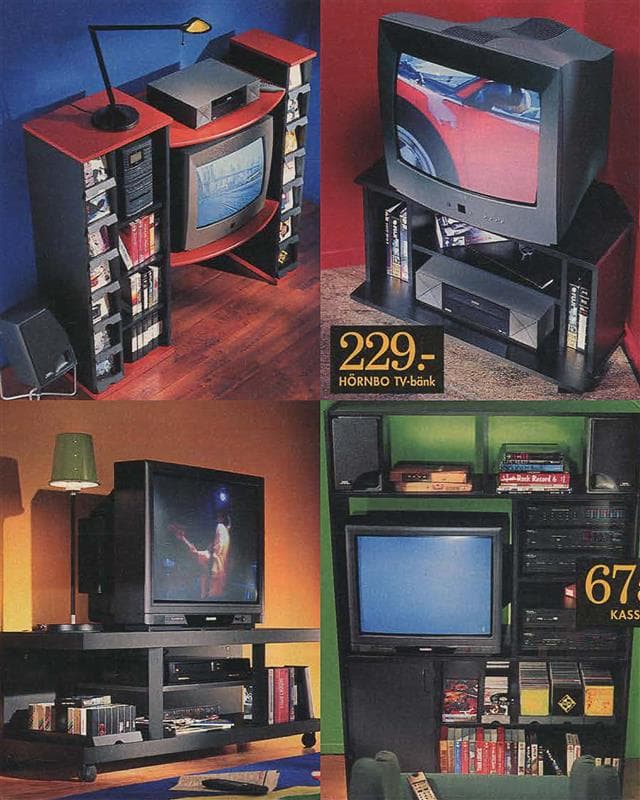 A page from the 1996 catalogue, featuring four different types of media units in black, filled with CDs and videos.