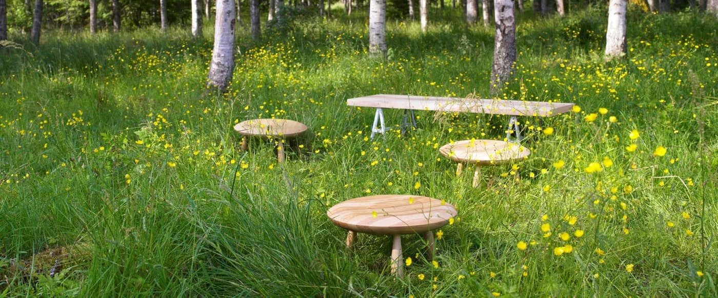 Wooden furniture displayed in a forest setting.