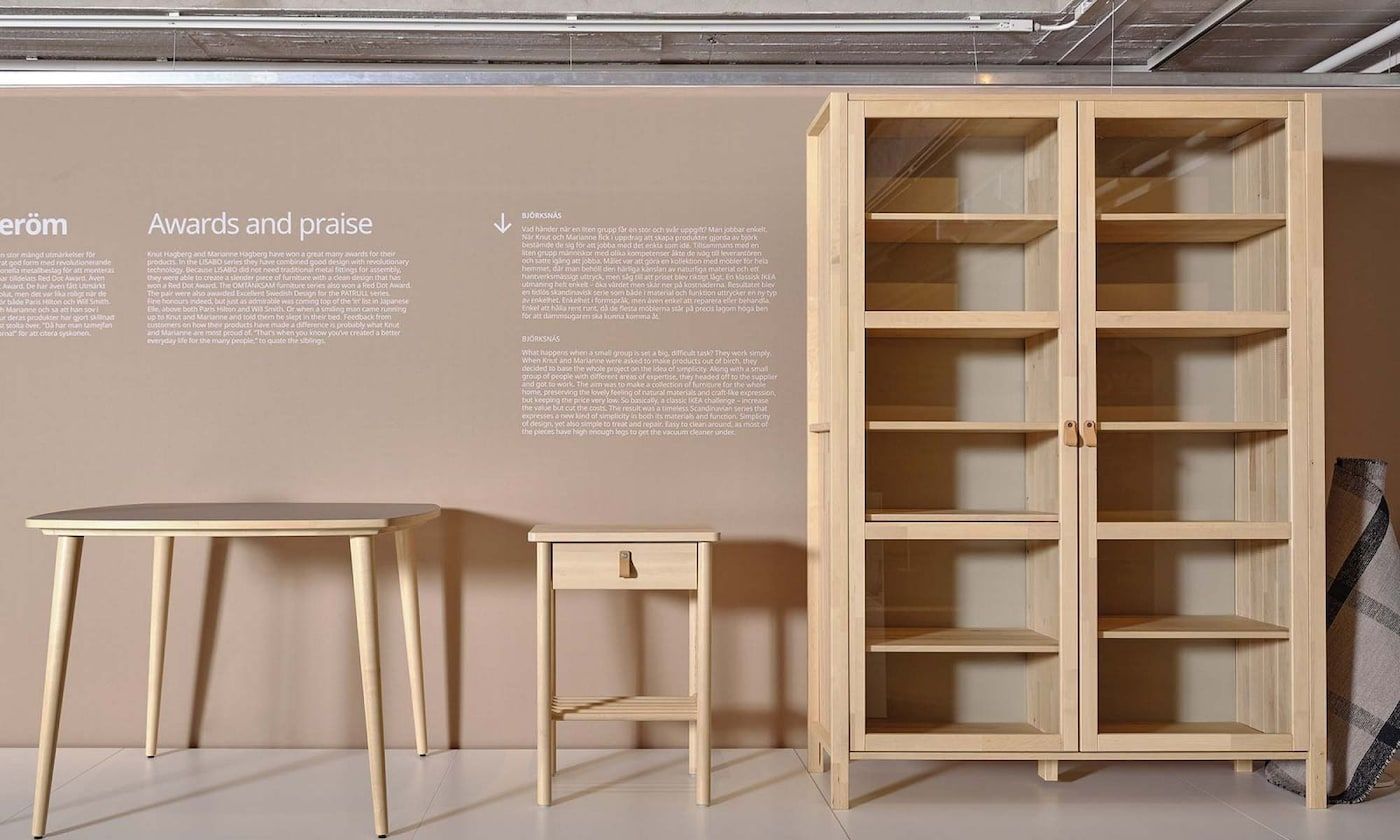 Wooden furniture pieces designed by the Hagberg siblings on display at the IKEA Museum.