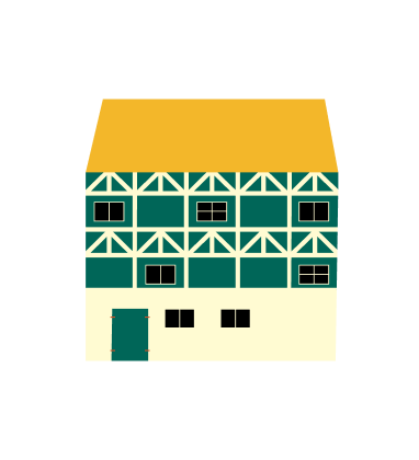 A vector image of a colourful German style house with a yellow roof and green facade.