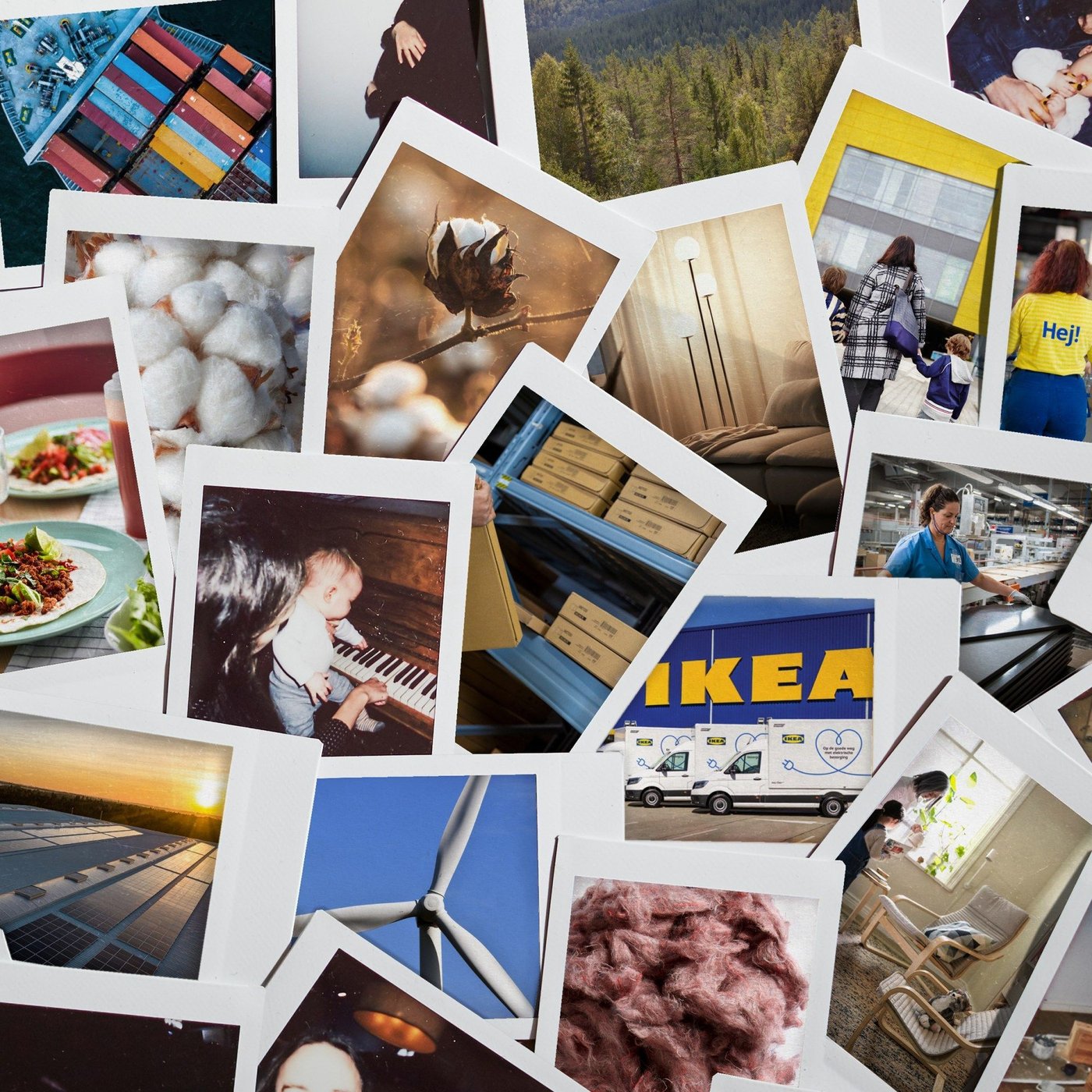 IKEA-related polaroid colour photos of furniture, lamps, cotton plants, a baby, a freighter, foods on plates and more.