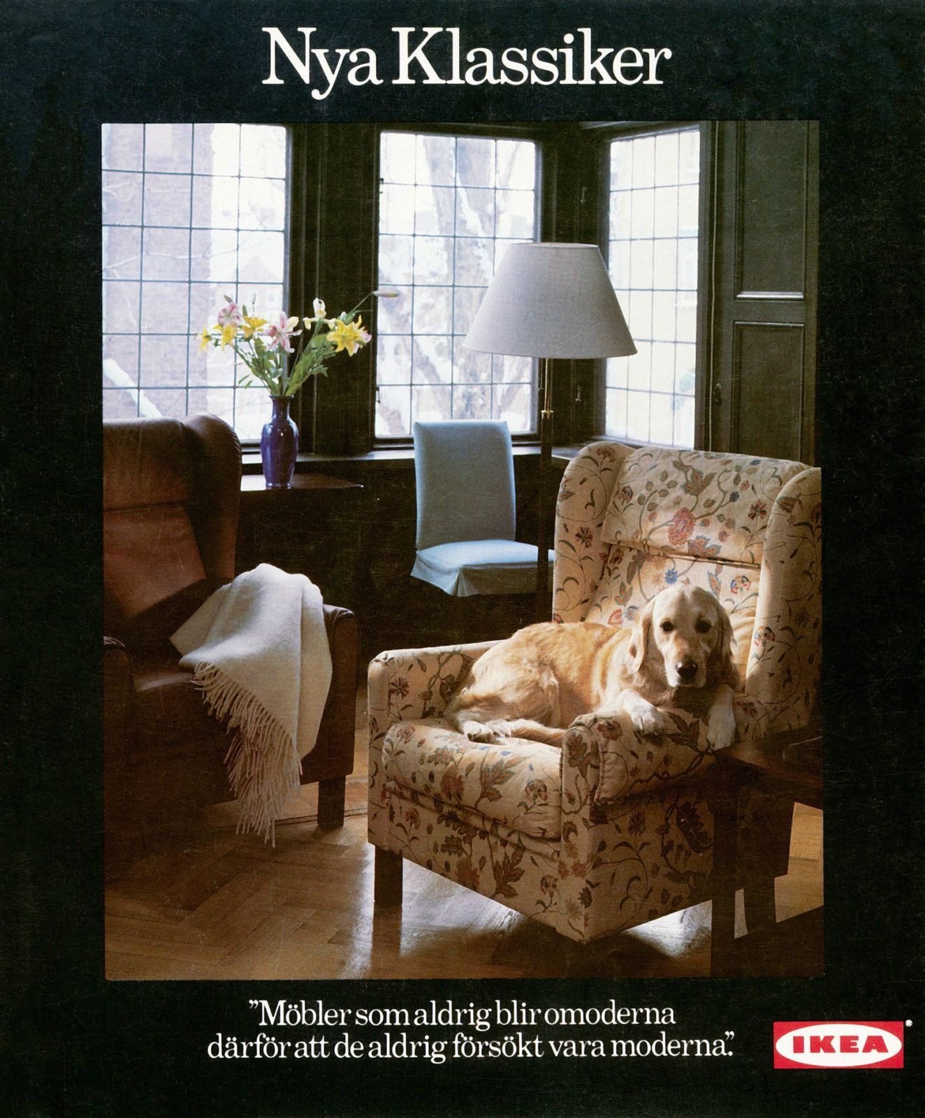 The cover of the IKEA STOCKHOLM 1985 collection catalogue, with a dog sitting in a chair.