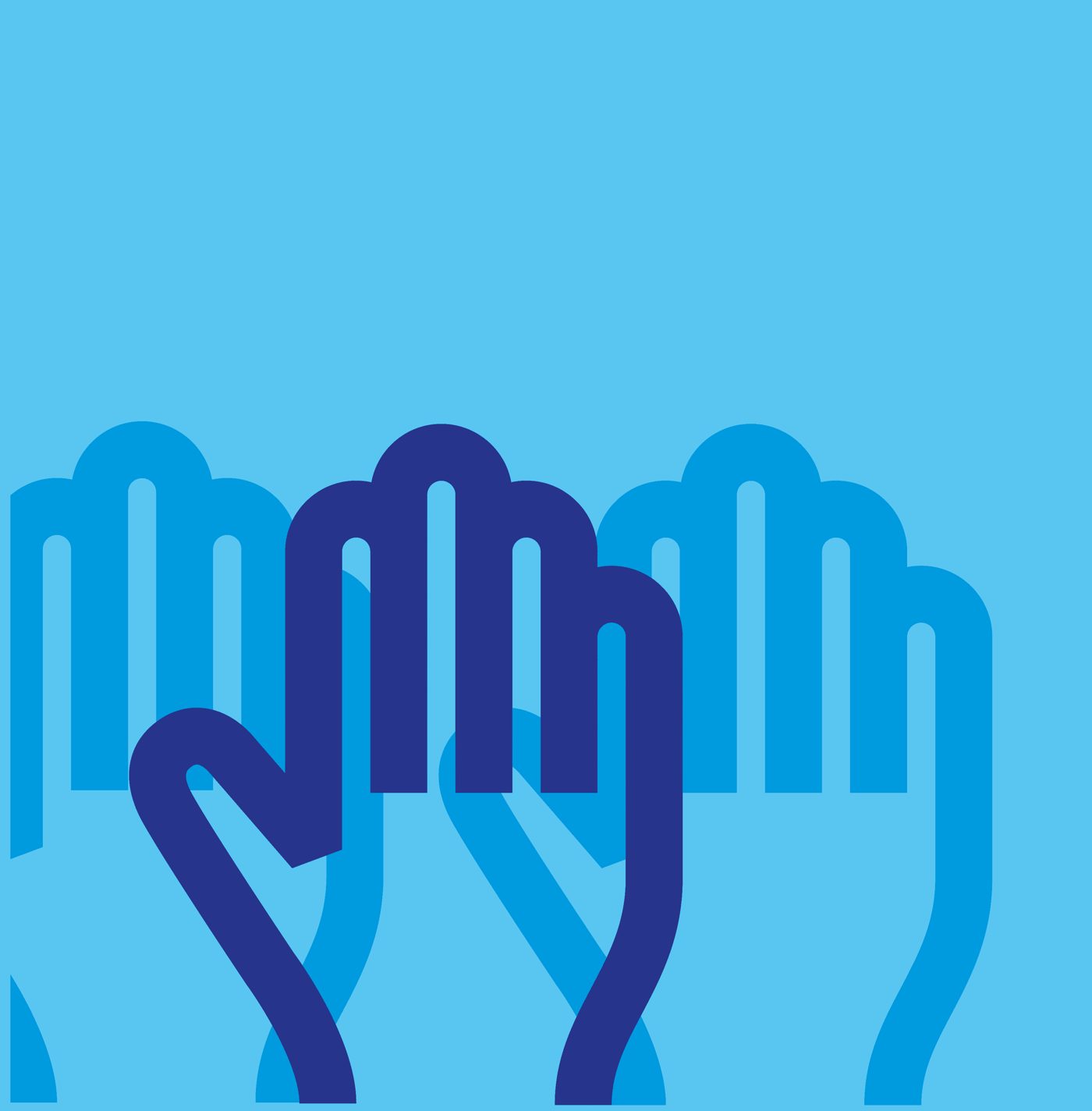 A blue illustration of three raised hands against a blue background.