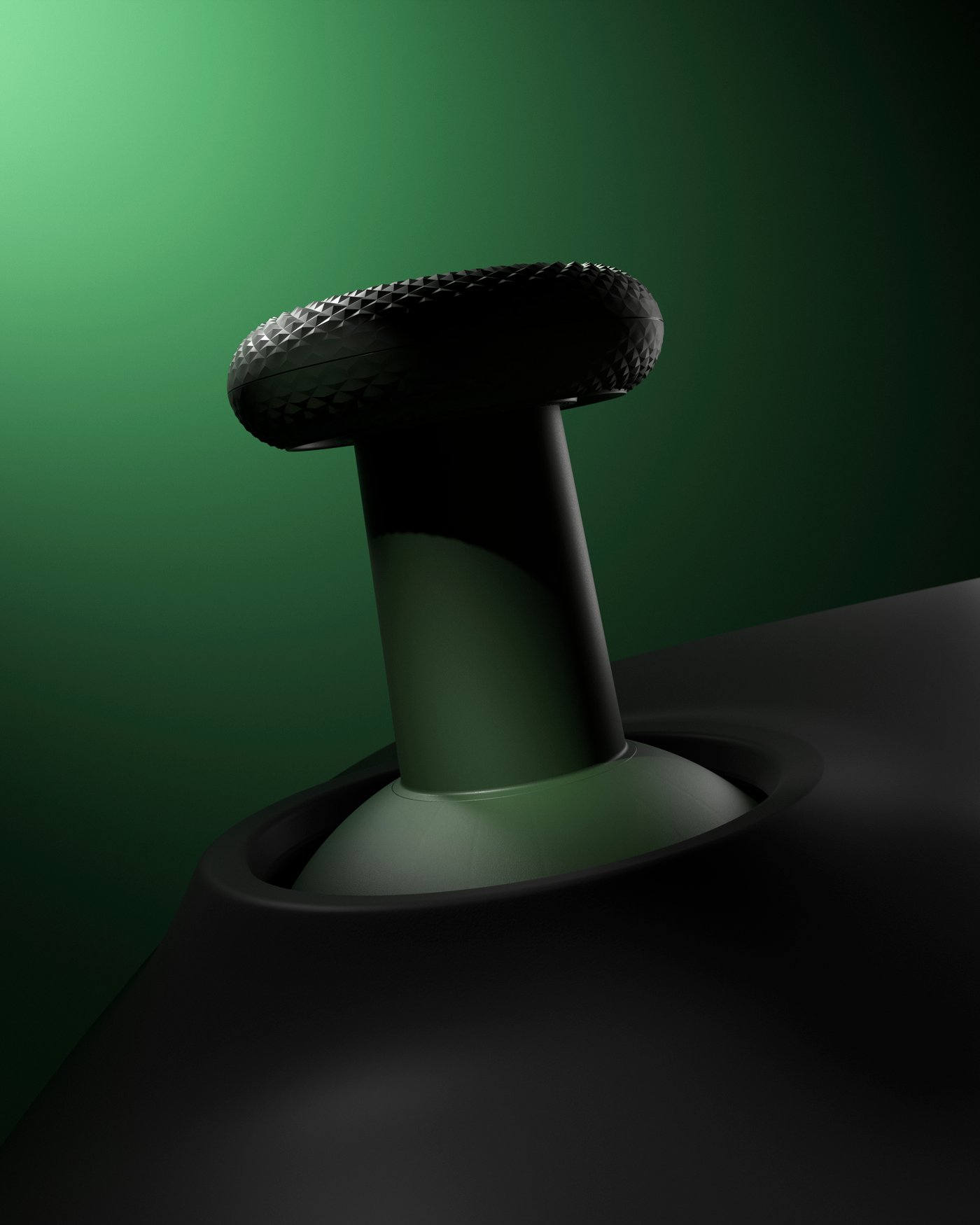 The YXSTABY thumbstick stool on a green background with dramatic dark lighting.