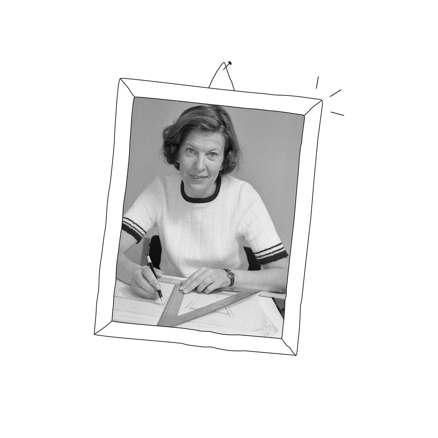 A photo of Karin Mobring with a frame drawn around it.