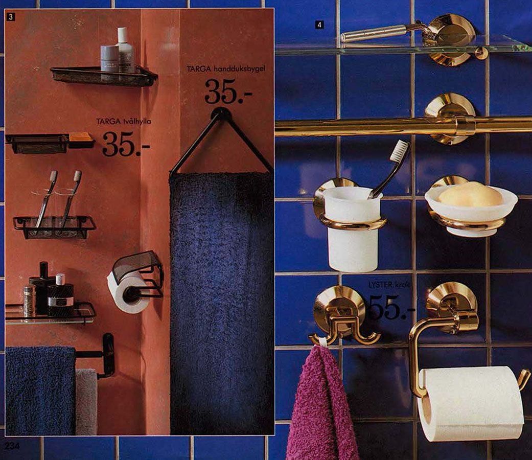 Bathroom accessories against a terracotta and navy tiled background.