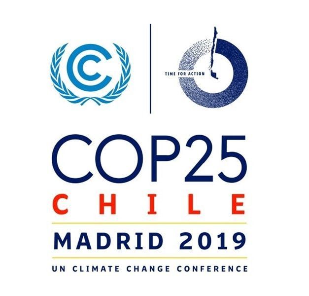 The white, blue and red logo for COP25.