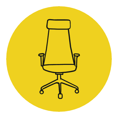 A graphic image of a drawing of an office chair in a yellow circle.