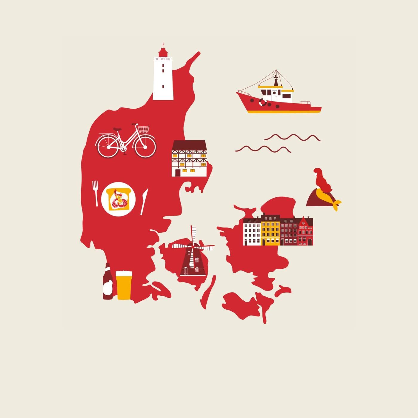 An illustrated map of Denmark featuring motifs of the country such as boats, the Little Mermaid, architecture and beer.