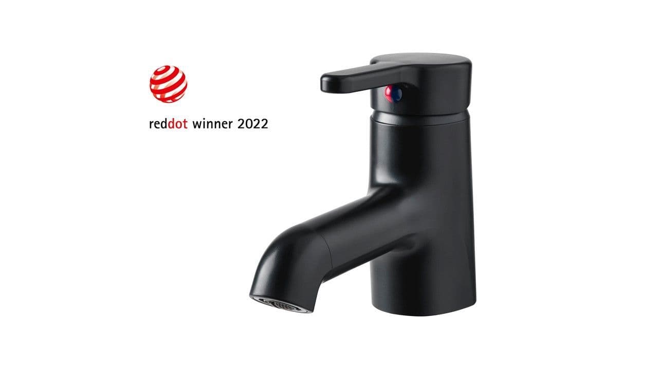 A black mixer tap. There is a red and white logo in the corner.