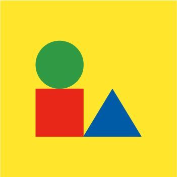 A graphic image of a yellow square with a green circle, red square and blue triangle inside.