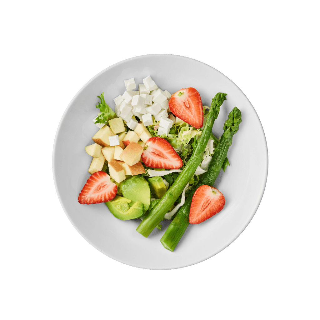 A plate of salad with strawberries, asparagus and apple.