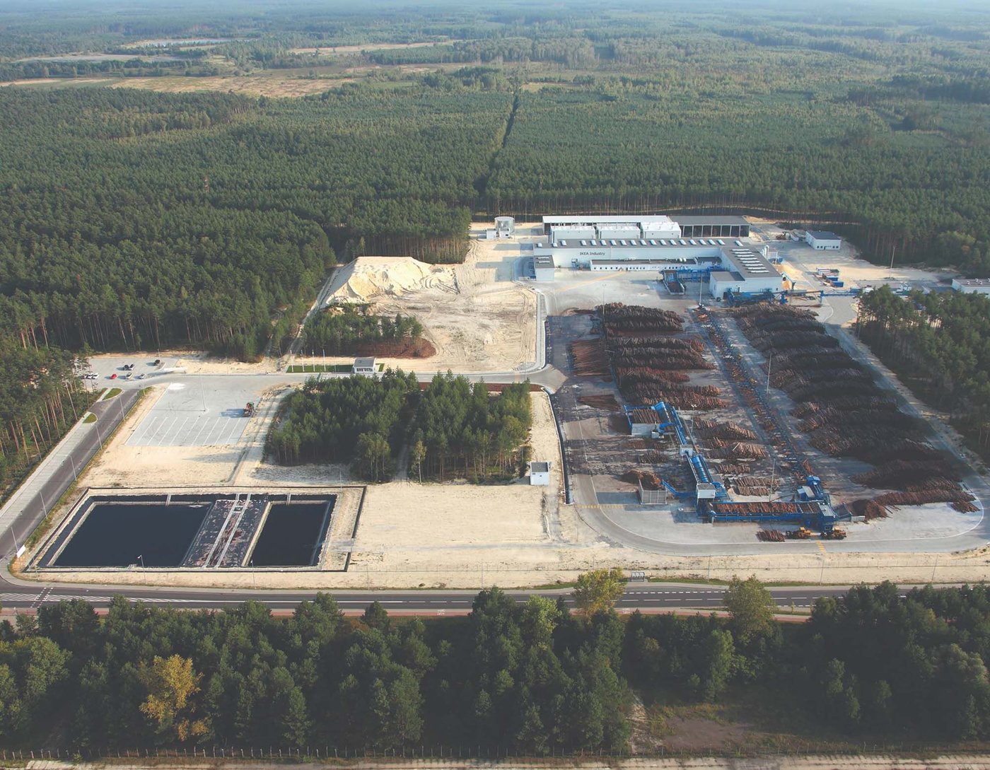 An aerial view of the IKEA Industry sawmill in Stalowa Wola.