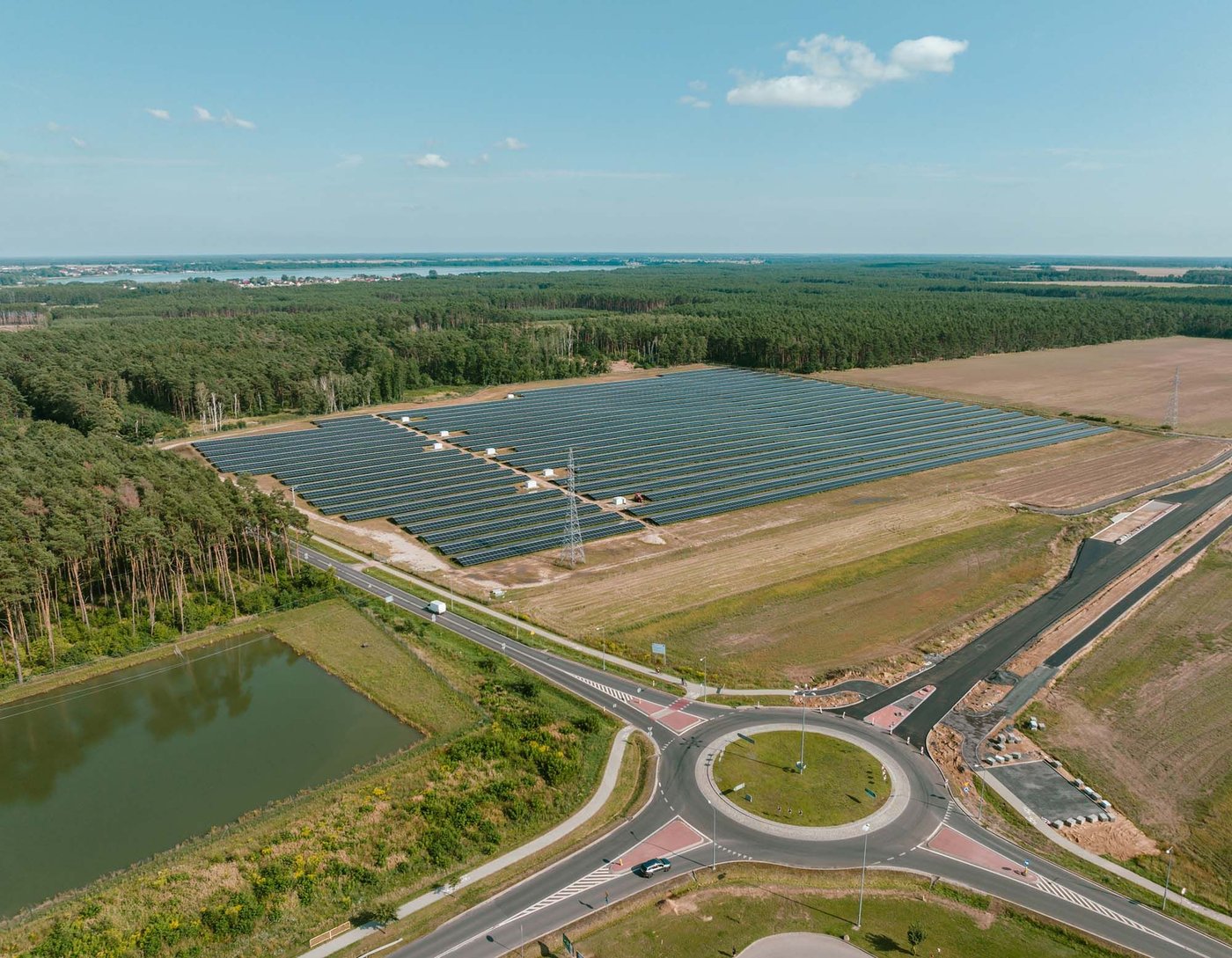 An aerial view of a roundabout and an IKEA Industry site in Zbaszynek. 