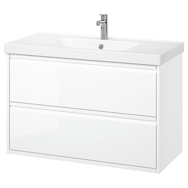 Bijeli zidni kupaonski umivaonik s dvije ladice, elegantnim modernim dizajnom i minimalističkim umivaonikom.