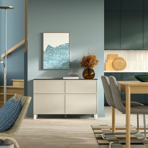 BESTÅ Komb/odlaganje+vrata/ladice, bijela/Krukmakare bež, 120x42x75 cm