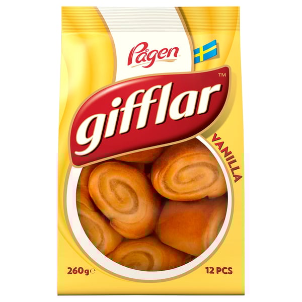 Kutija giffar peciva od vanilije po pagenu. Zlatne vrtložne rolice pakirane u žutu kutiju. 260g, 12 komada.