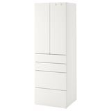 Bijeli SMÅSTAD ormar s ormarićima i ladicama. Tanak je, modernog dizajna, zaobljeni kutovi i vrata s mekim zatvaranjem.